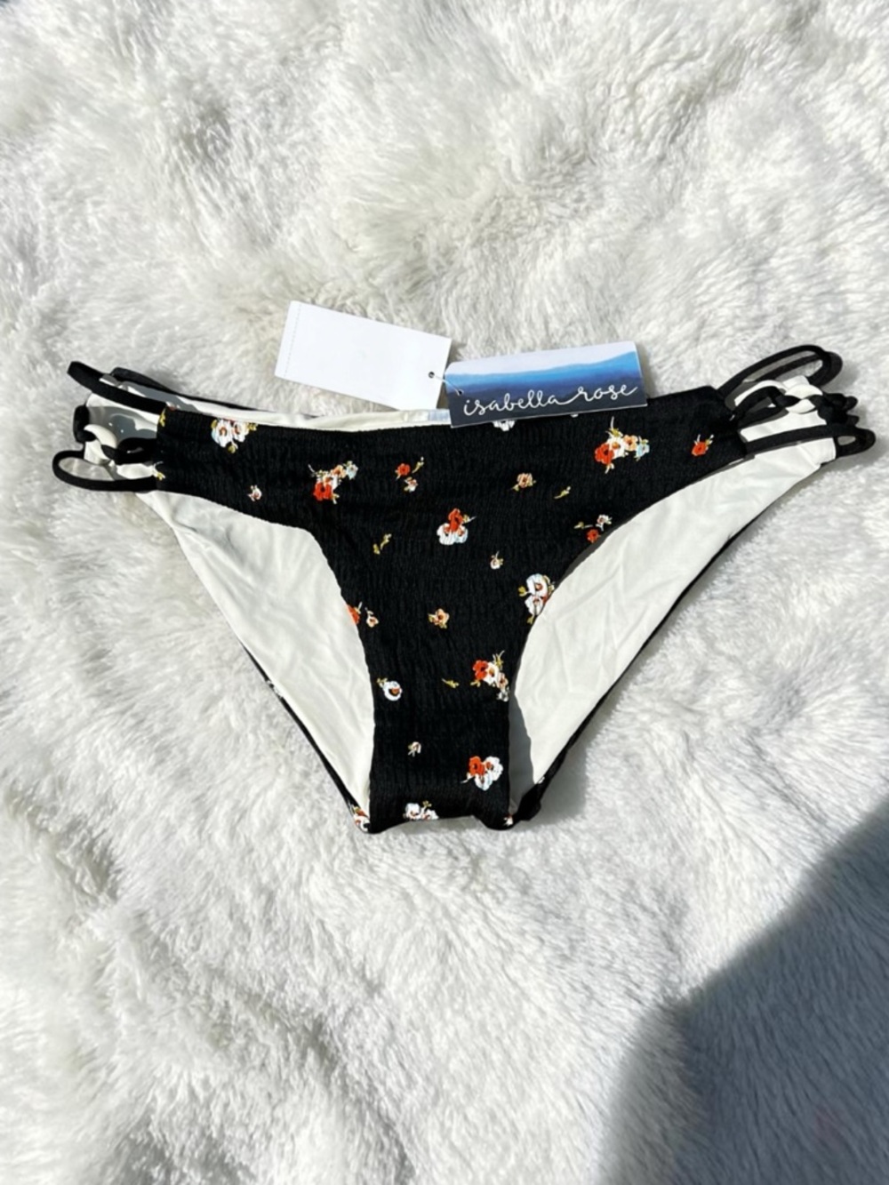 🌻NEW w/tag Isabella Rose Bikini Bottom Black Floral Strappy Side Cutout Size M